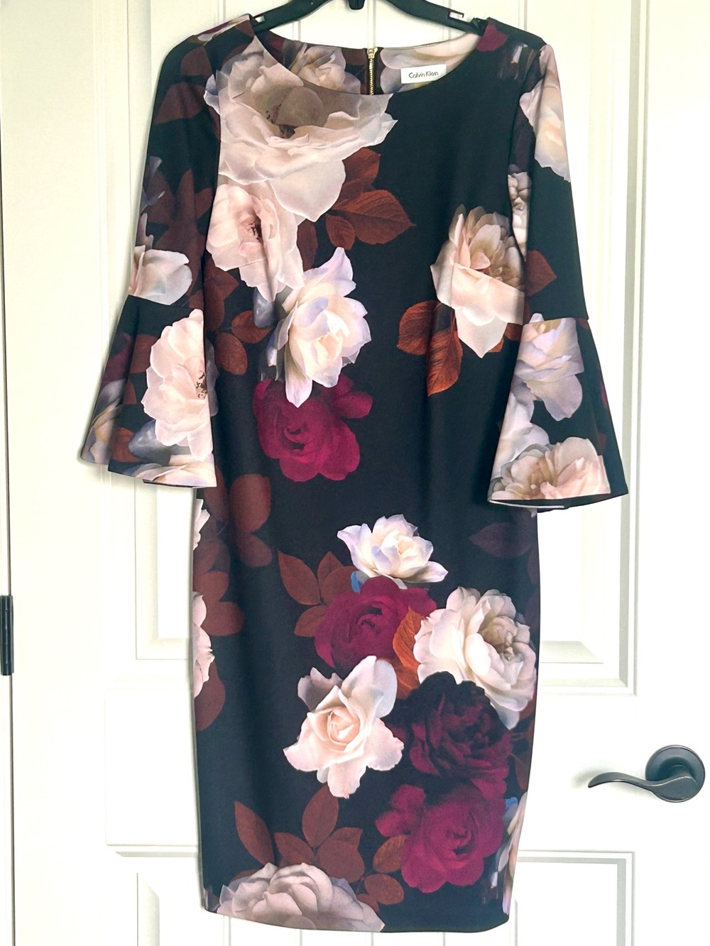 Calvin Klein Moody Floral Scuba Sheath dress Navy Burgundy & Blush Roses